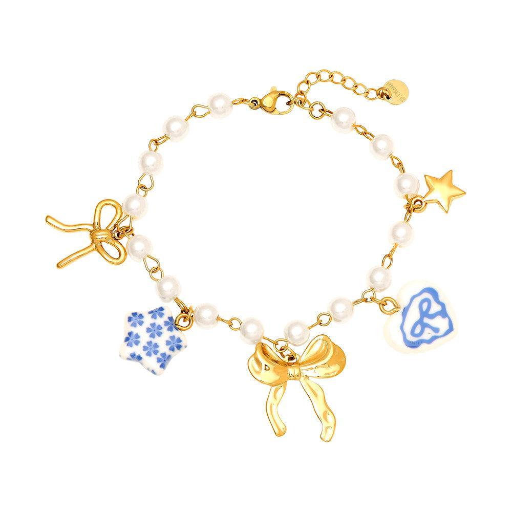 "Lioraé" – Stainless Steel Bracelet with Ceramic Beads & Fancy Charms, 18 cm + 4 cm