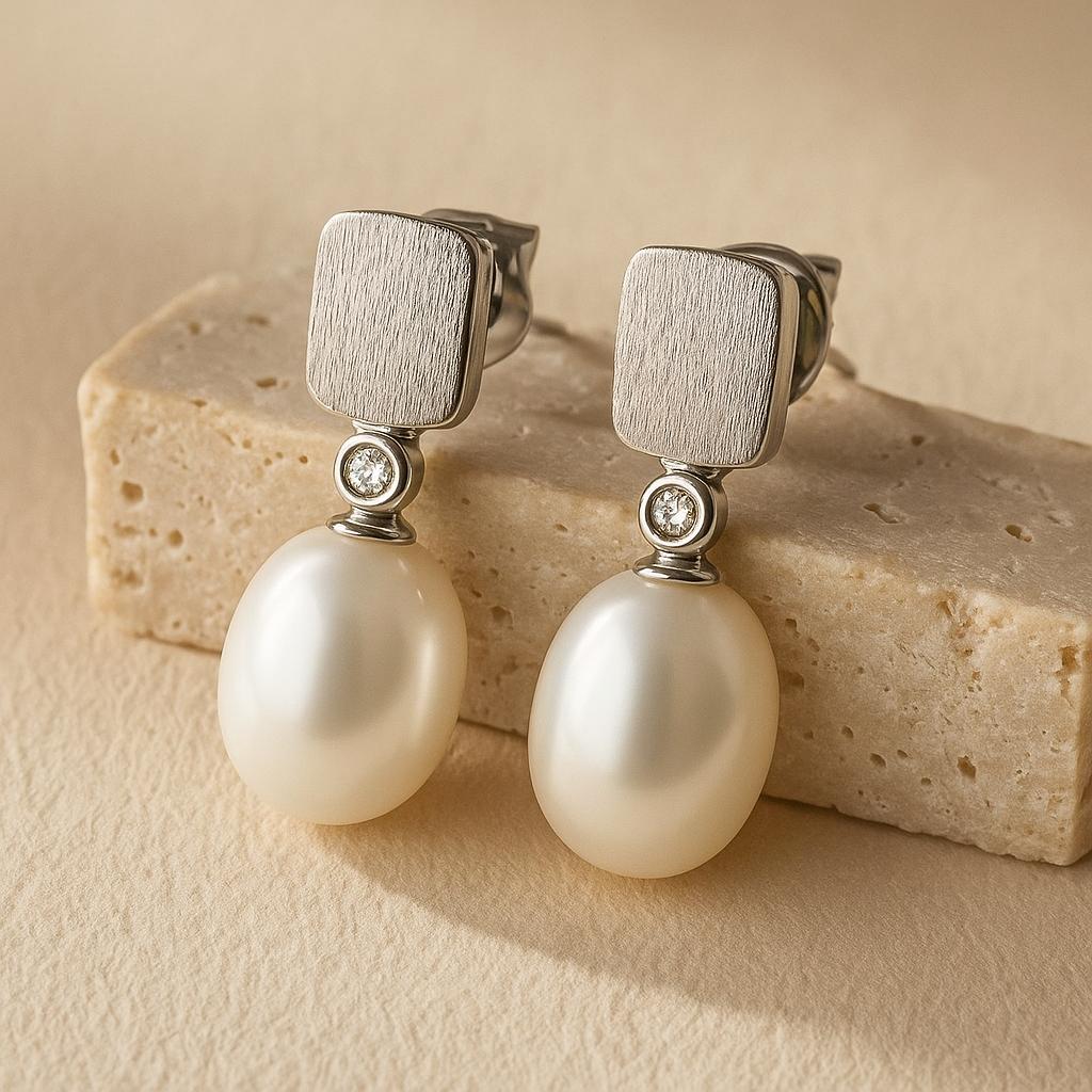 "Lunari" – Stud Earrings Made of 925 Silver with Freshwater Pearl & Zirconia