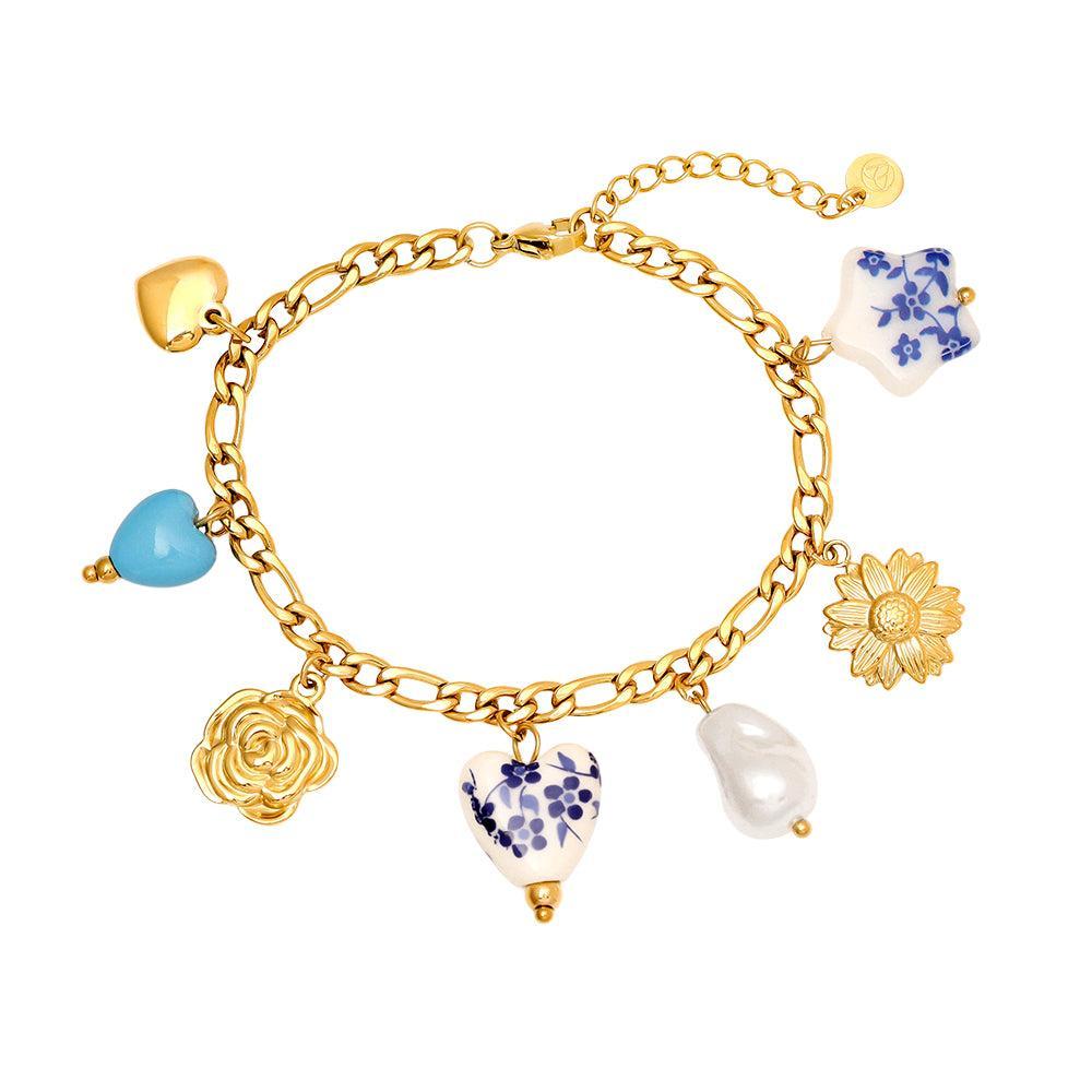 „Lunielle“ – Edelstahl-Arm­kette mit Keramikperlen-Charms, 17 cm + 3 cm