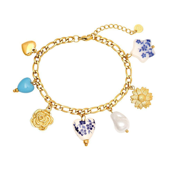 „Lunielle“ – Edelstahl-Arm­kette mit Keramikperlen-Charms, 17 cm + 3 cm