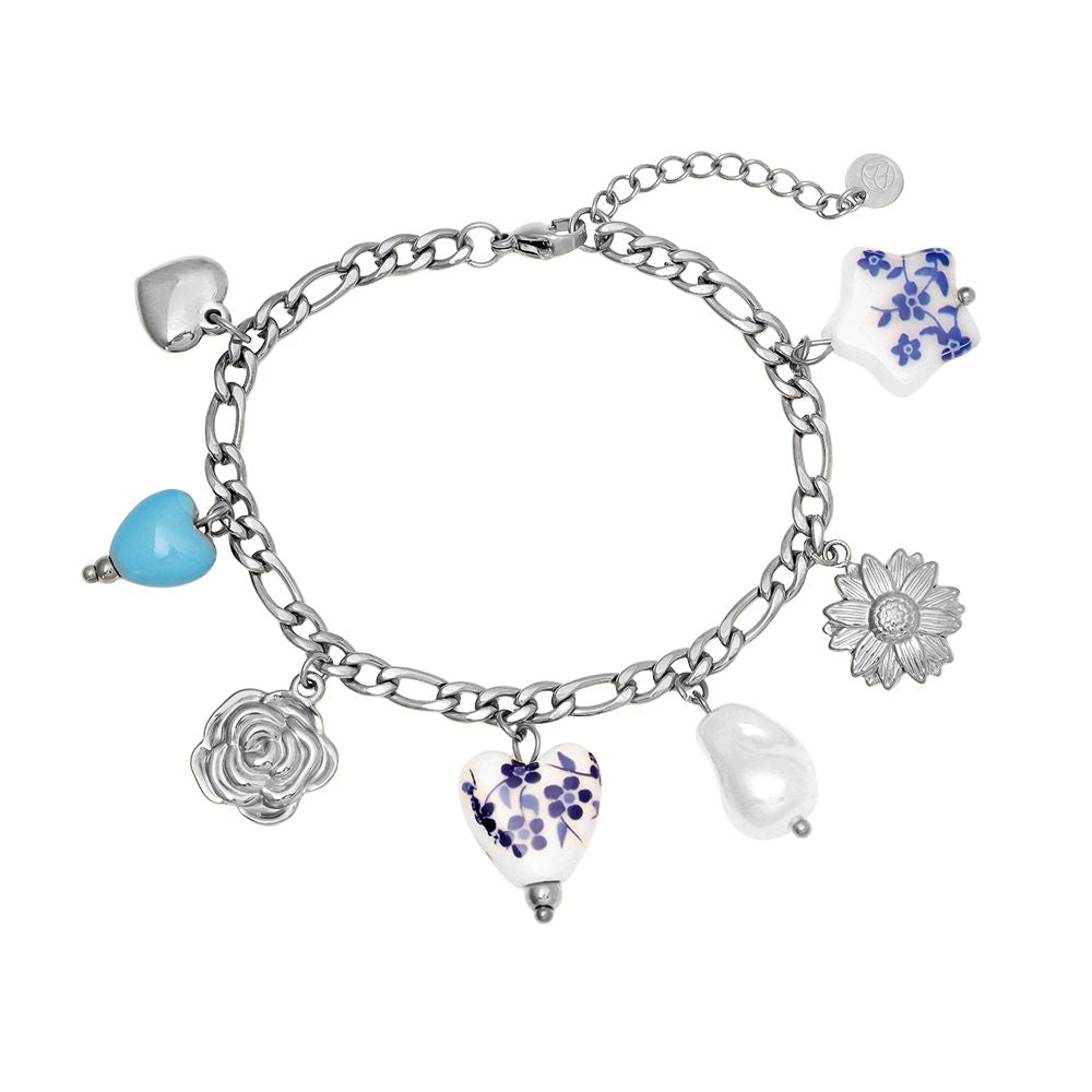 „Lunielle“ – Edelstahl-Arm­kette mit Keramikperlen-Charms, 17 cm + 3 cm