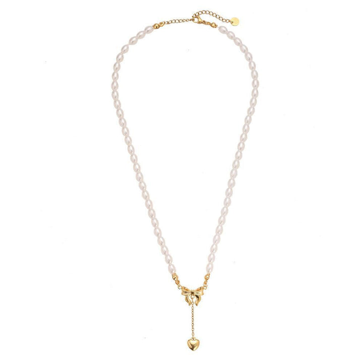"Norariaine" Bowtie With Heart In Pearl Chain Stainless Steel Necklace