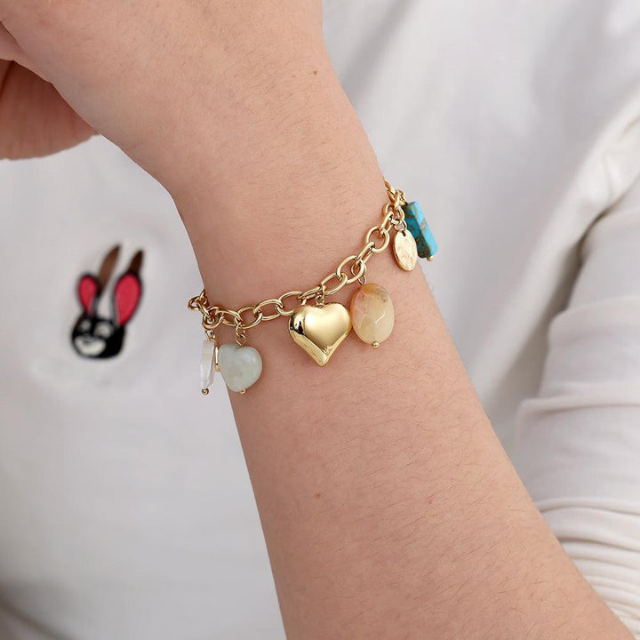 “Serapha” – Stainless Steel Bracelet with Shell, Natural Stone & Freshwater Pearl Charms, 16.5 cm + 3 cm
