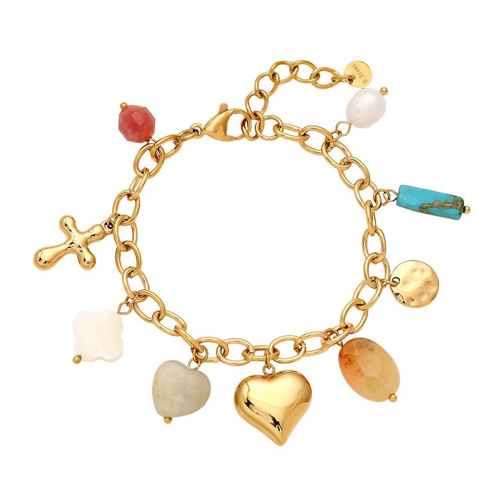 “Serapha” – Stainless Steel Bracelet with Shell, Natural Stone & Freshwater Pearl Charms, 16.5 cm + 3 cm
