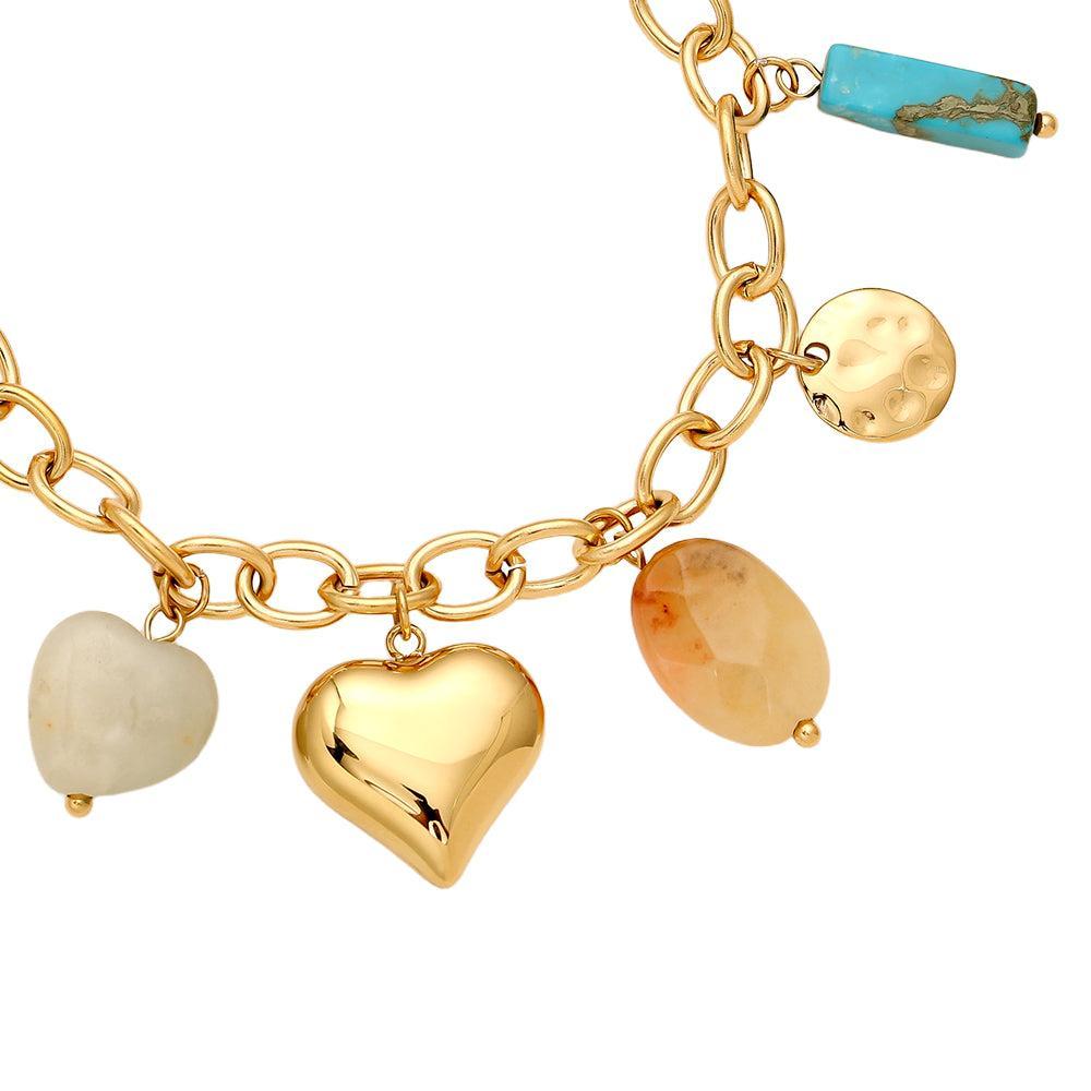 “Serapha” – Stainless Steel Bracelet with Shell, Natural Stone & Freshwater Pearl Charms, 16.5 cm + 3 cm