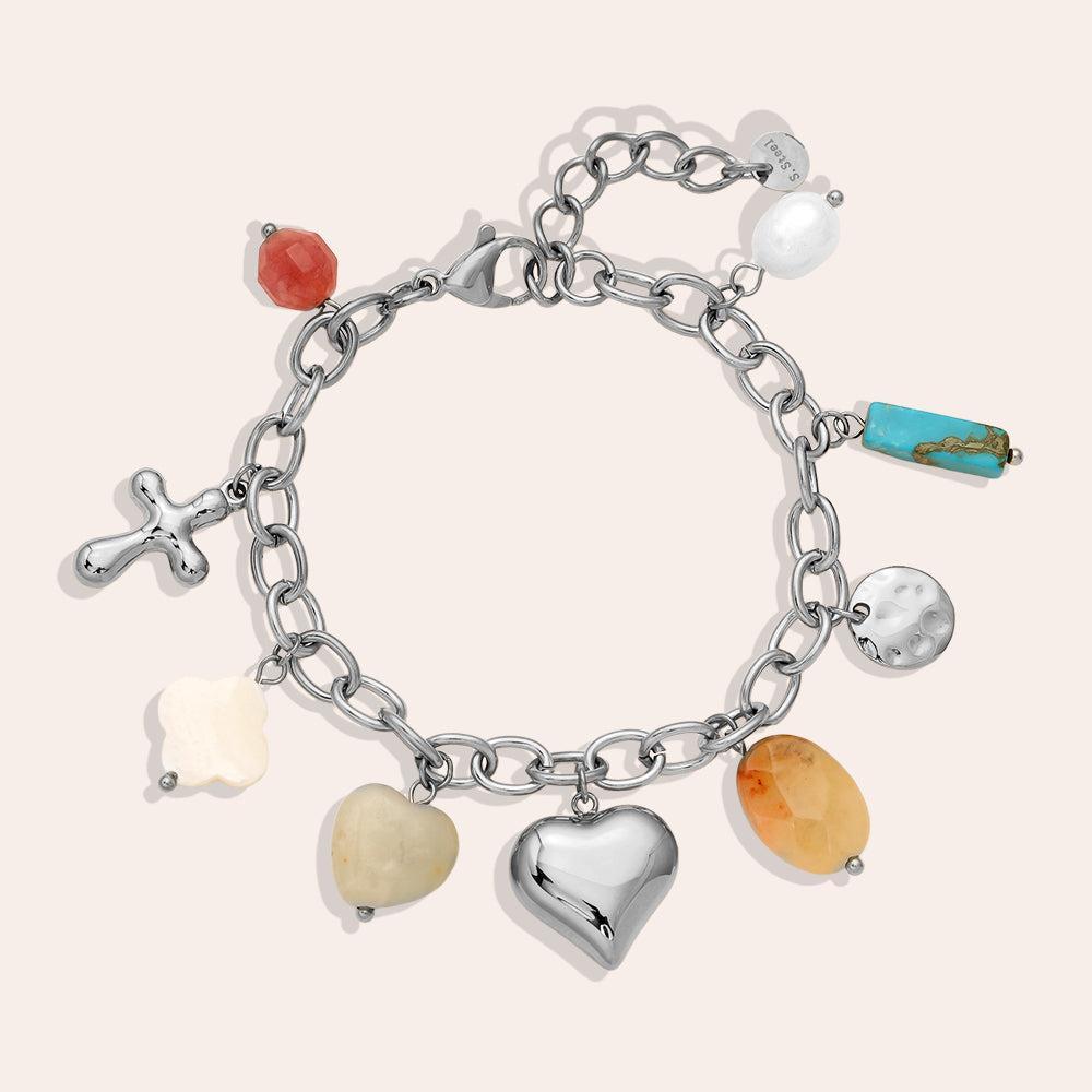 “Serapha” – Stainless Steel Bracelet with Shell, Natural Stone & Freshwater Pearl Charms, 16.5 cm + 3 cm