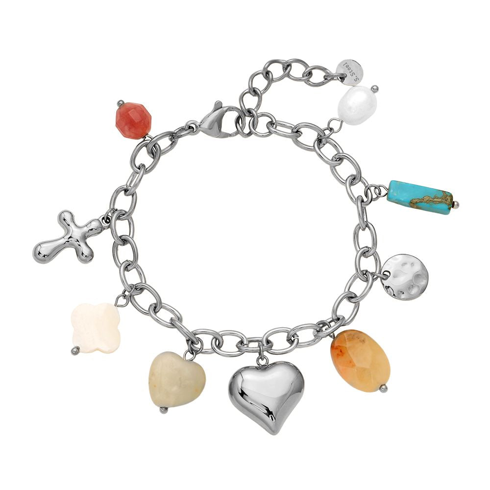 “Serapha” – Stainless Steel Bracelet with Shell, Natural Stone & Freshwater Pearl Charms, 16.5 cm + 3 cm
