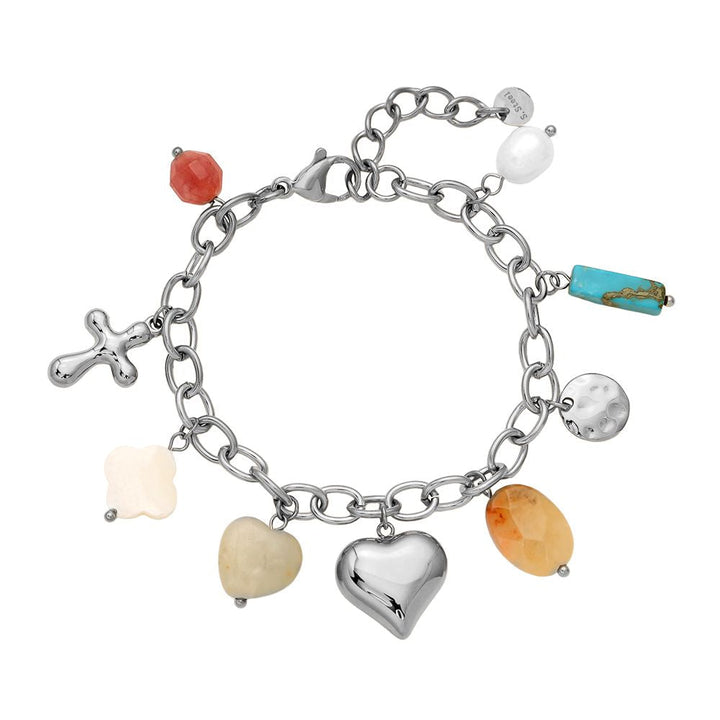 “Serapha” – Stainless Steel Bracelet with Shell, Natural Stone & Freshwater Pearl Charms, 16.5 cm + 3 cm