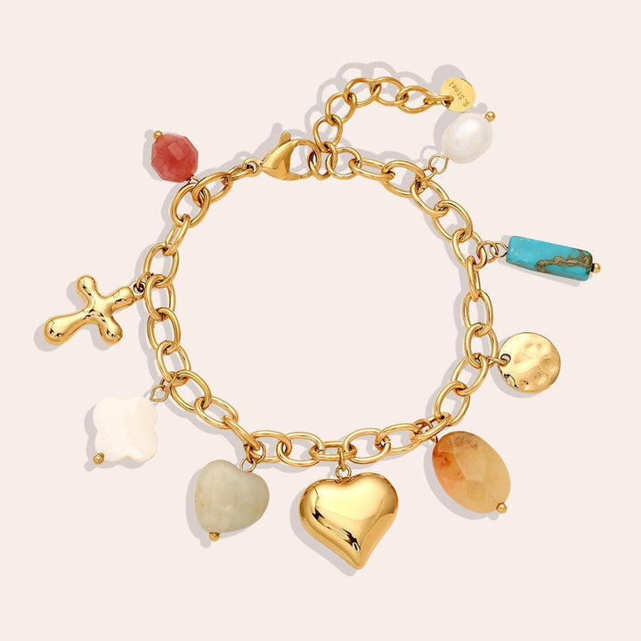 “Serapha” – Stainless Steel Bracelet with Shell, Natural Stone & Freshwater Pearl Charms, 16.5 cm + 3 cm